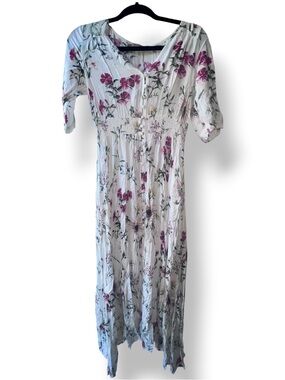 Floral White and Pink Smocked Maxi Dress